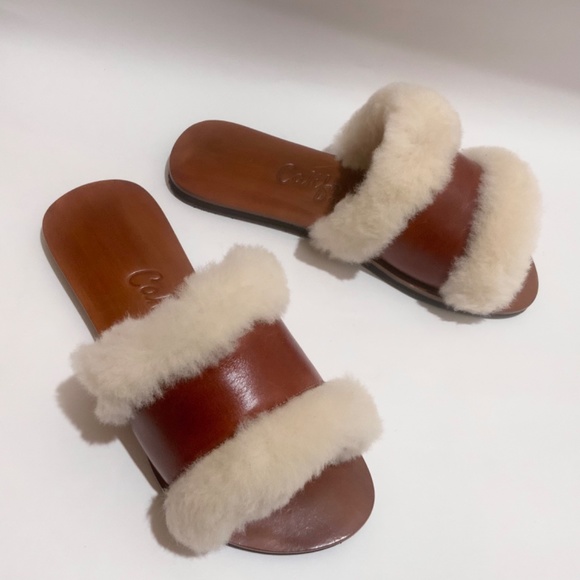 Californians Hannah Cognac genuine shearling slippers mules fashion flat sandals - Picture 11 of 16